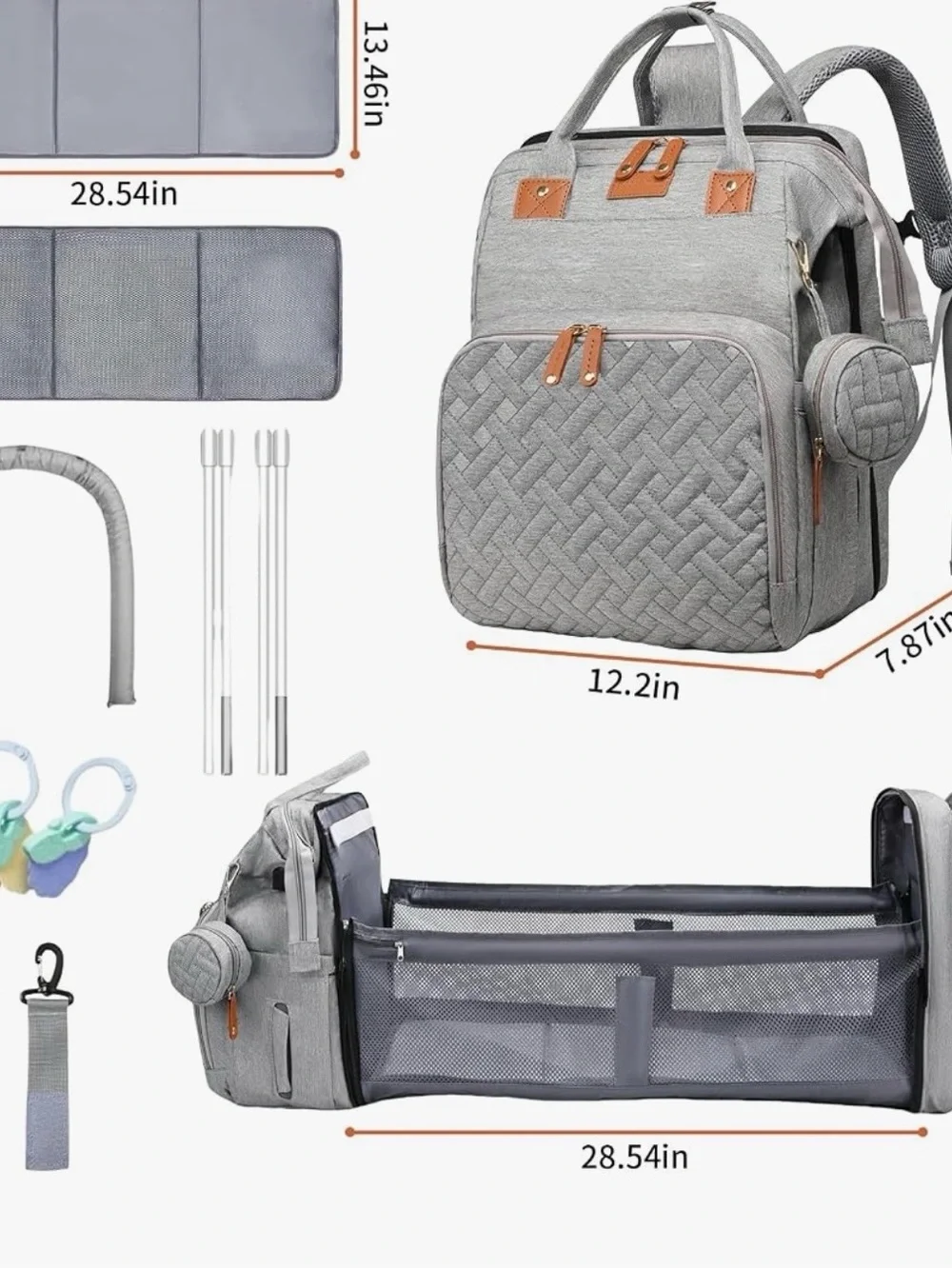 Good Mum Grey Quilted Baby Bag Backpack with Tan Accents